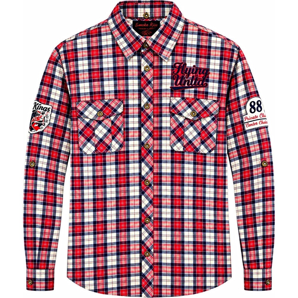 Smoke Rise Flying United Men's Plaid LS Button-Down Patches Pockets L Red/Blue